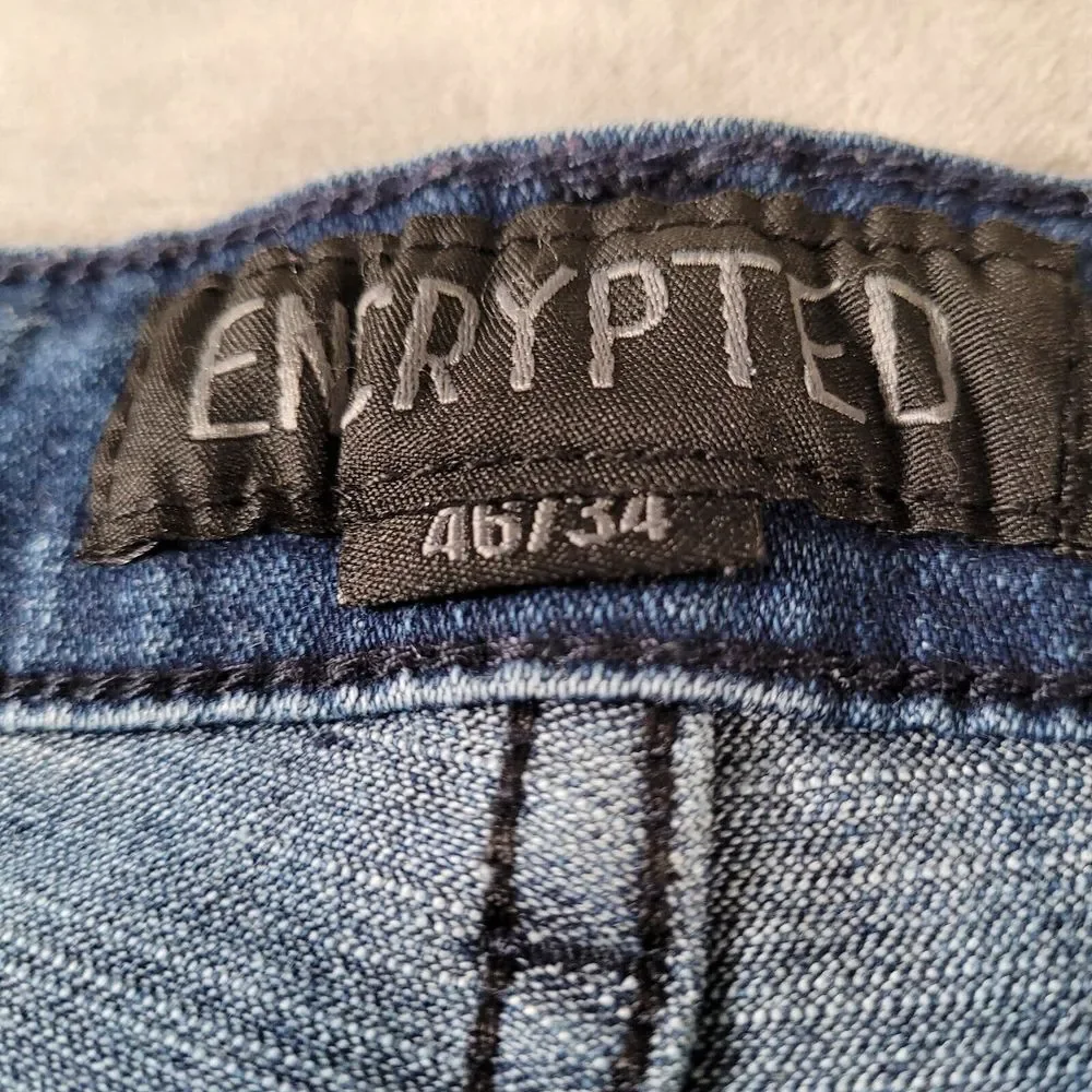 Encrypted Baggy Distressed Zipper Knees‎ Jeans Mens Blue Actual Size 44 x 33
